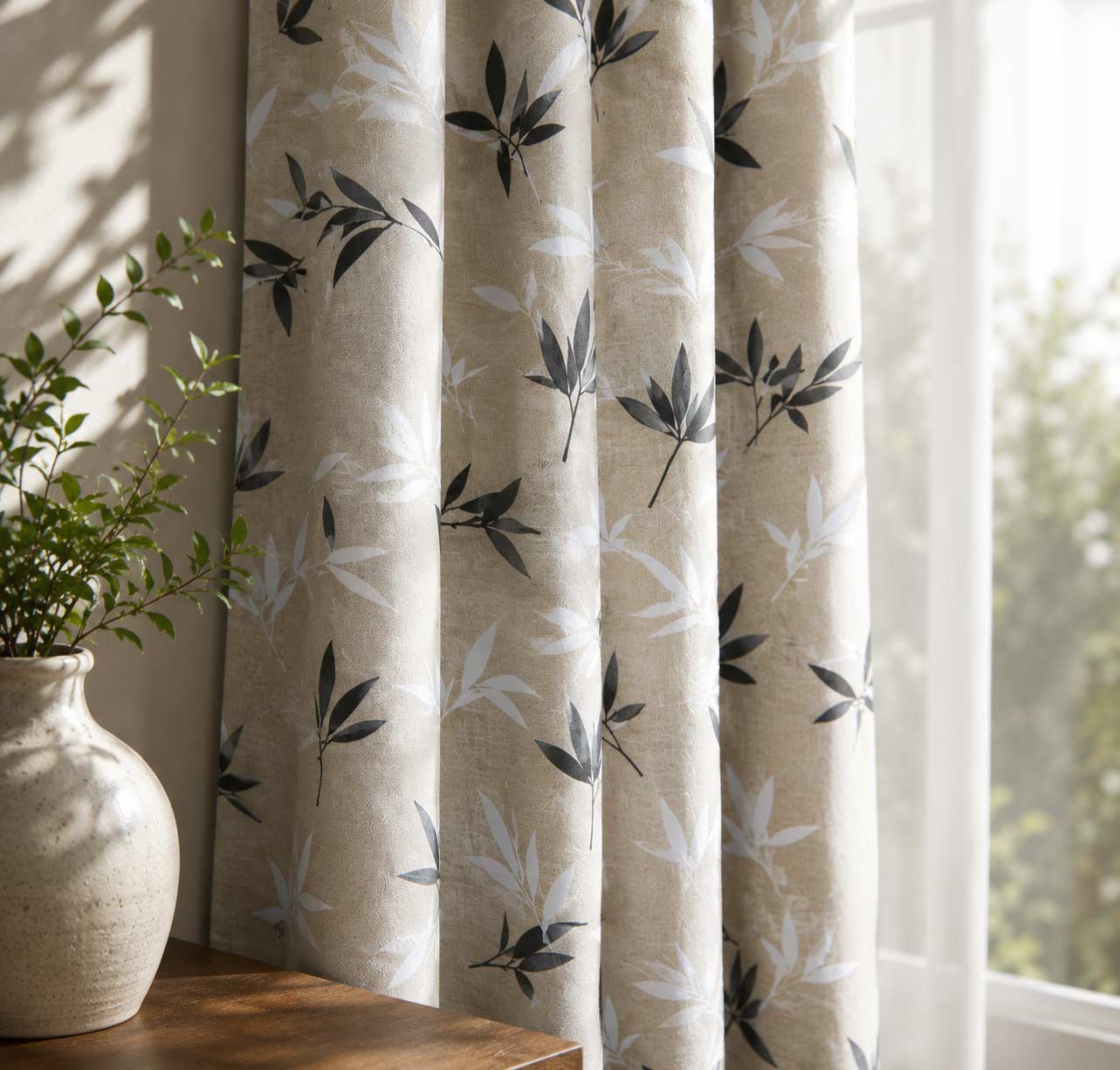 Nature Leaf Printed Curtain Fabric – Elegant Light Filtering Window Drapery