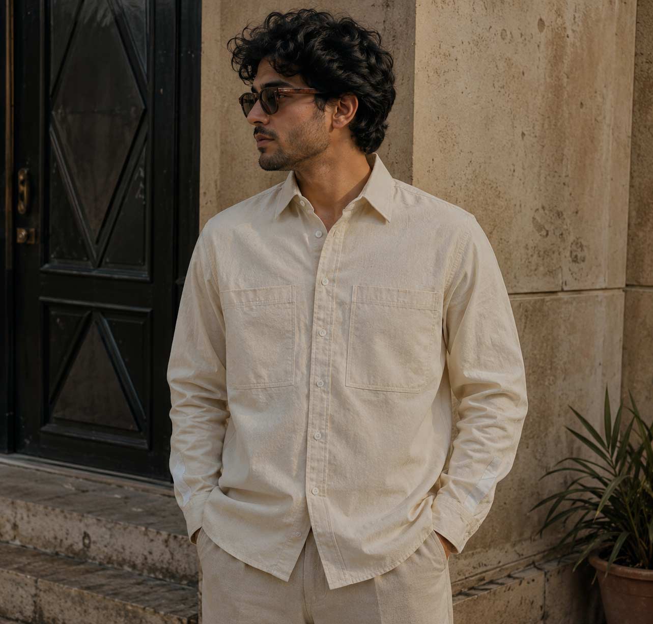 Classic Beige Utility Work Shirt – Premium Cotton Linen Comfort