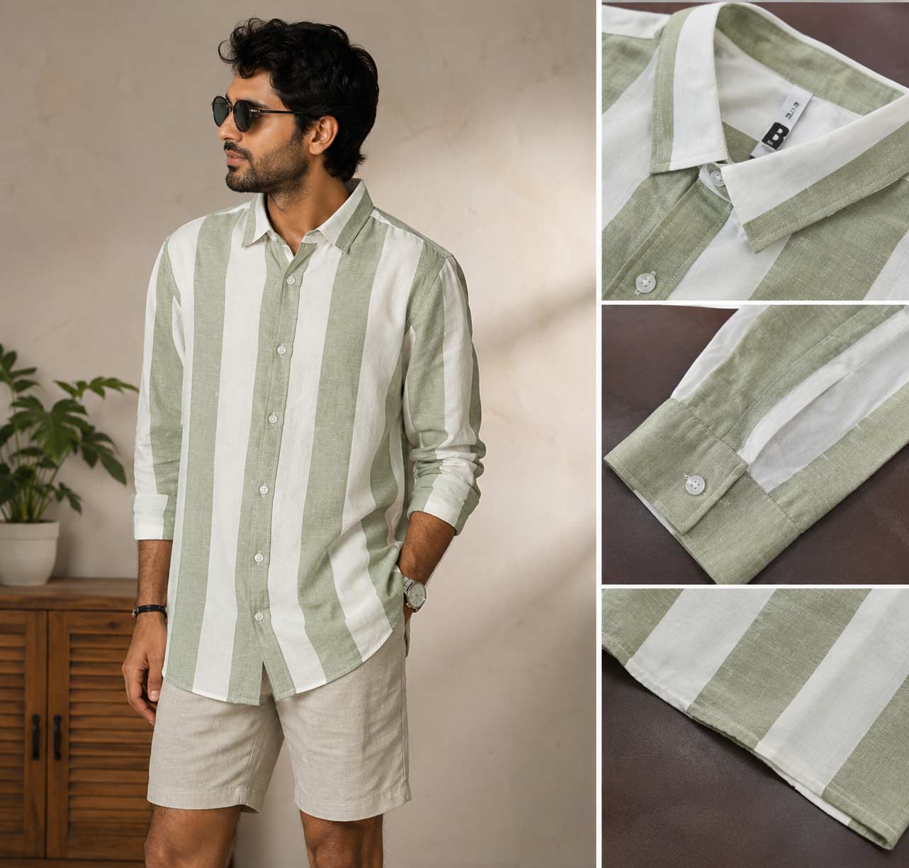 Men's Green & White Vertical Stripe Linen Blend Casual Shirt
