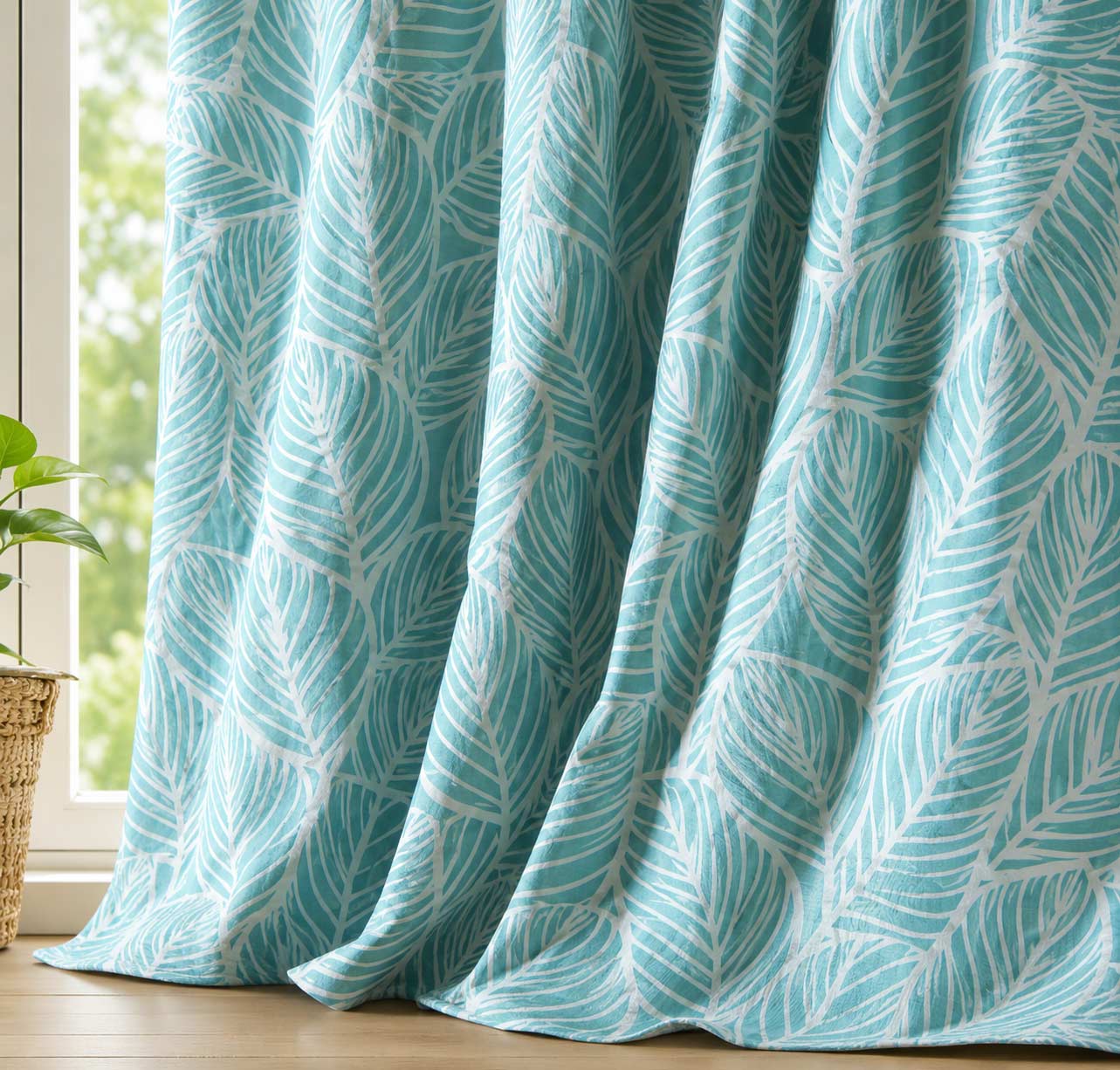 Sea Green Leaf Print Curtain Cloth – Elegant Natural Drape Effect