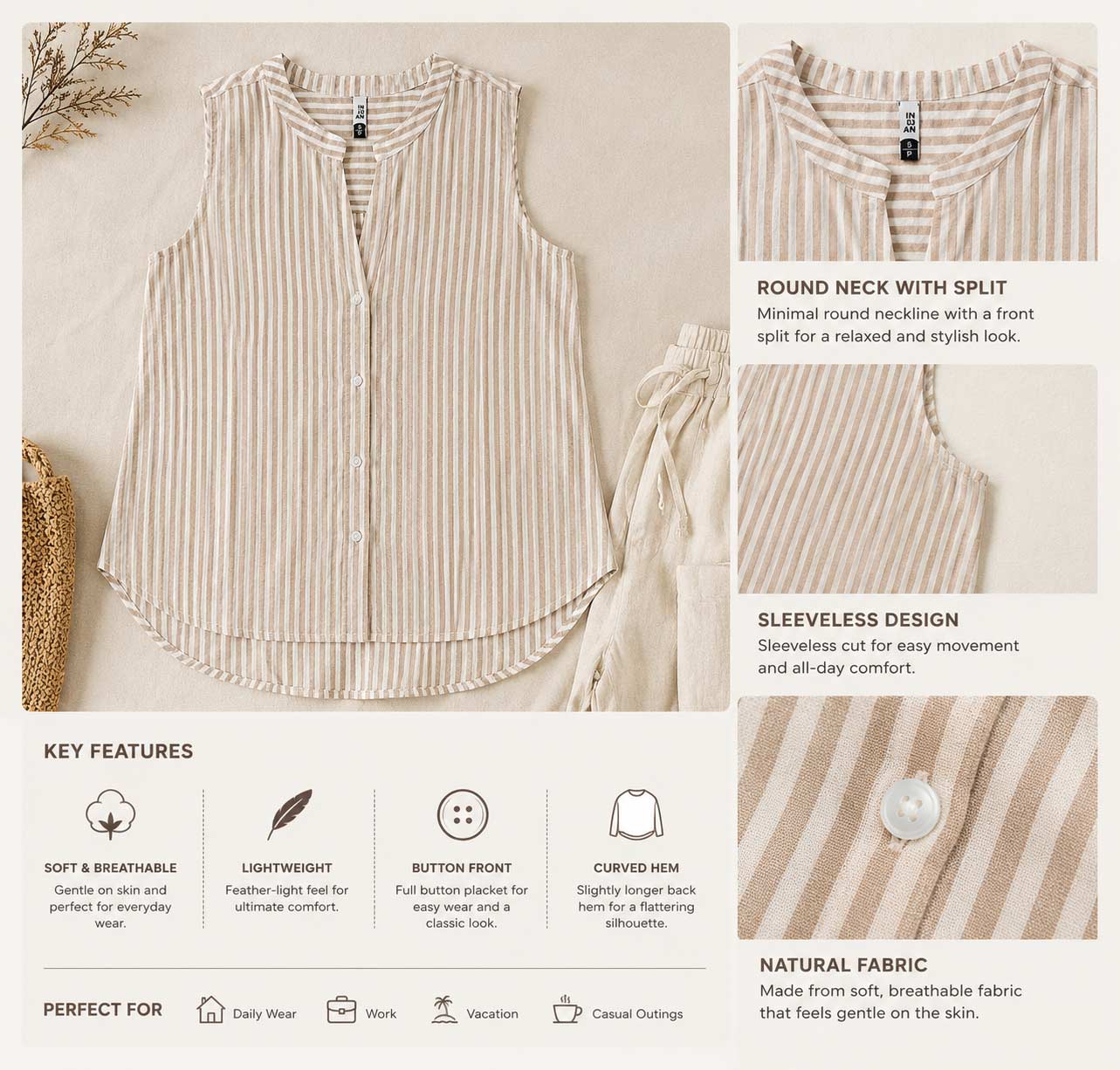 Women's Sleeveless Striped Cotton Blend Top