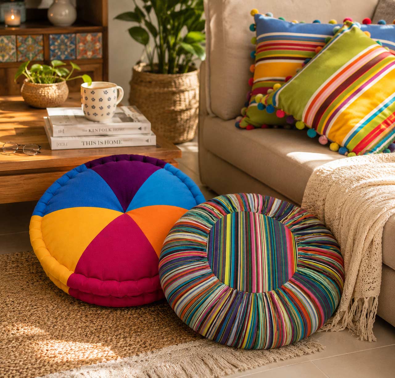 Vibrant Round Cushion Set – Multicolor Designer Floor Cushions