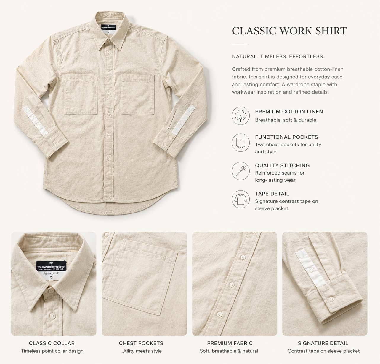 Classic Beige Utility Work Shirt – Premium Cotton Linen Comfort